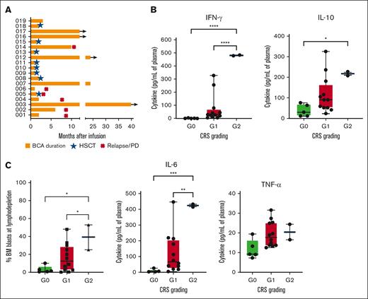 Evaluation of the BCA and cytokine profile according to CRS grading. (A) The kinetics of circulating CD19+ cells was monitored over time in the PB in all the treated patients by flow cytometry. BCA was defined according to the criteria established in the ELIANA phase 2 trial, namely as <3% B lymphocytes in total PB leukocytes (or absolute count of <50/μL) or <1% of CD19+ B cells in the BM.15 (B) The peak levels of the 4 most relevant cytokines (IFN-γ, IL-10, IL-6, and TNF-α) were measured in the sera of each treated patient and correlated with the severity of the CRS. (C) The percentage of blasts in the BM at lymphodepletion, evaluated by flow cytometry, was correlated with the severity of the CRS experienced by patients after infusion of CD19-CAR_Lenti cells. IFN-γ, interferon gamma; PD, progressive disease; TNF-α, tumor necrosis factor α.