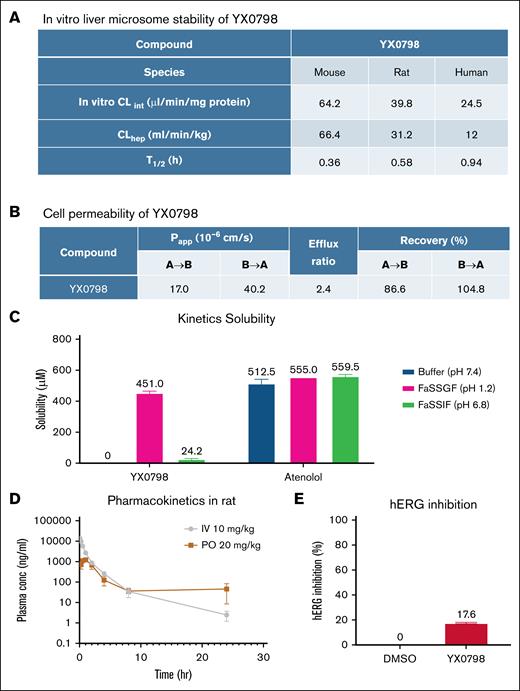YX0798 shows oral bioavailability in rats. (A) YX0798 is metabolically stable in mouse, rat, and human as determined by an in vitro liver microsome stability assay. (B) YX0798 has high cell permeability. (C) YX0798 has good kinetic solubility in acidic FaSSGF. The beta-blocker atenolol was used as a control. (D) YX0798 showed oral bioavailability in rats. (E) YX0798 caused weak inhibition on hERG activity at 10 μM. CLhep, hepatic clearance; CLint, intrinsic clearance; FaSSGF, fasted-state simulated gastric fluid; FaSSIF, fasted-state simulated intestinal fluid; hERG, human ether-a-go-go related gene; PO, per os (by mouth).