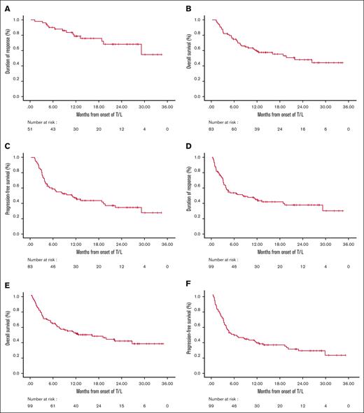 General efficay plots. DOR in the efficacy cohort (A) and ITT cohort (D); OS in the efficacy cohort (B) and ITT cohort (E); and PFS in the efficacy cohort (C) and ITT cohort (F).