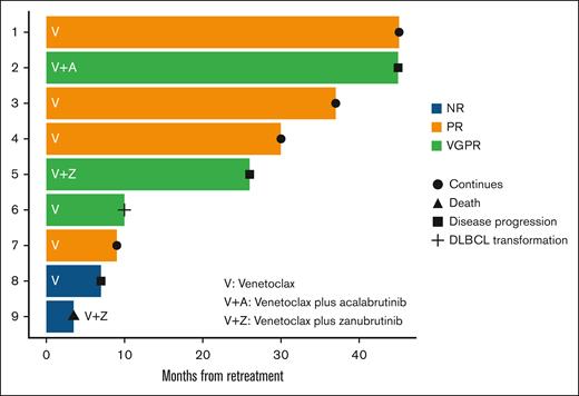 Swimmer plot depicting durability of response in 9 patients with WM who received venetoclax retreatment. DLBCL, diffuse large B-cell lymphoma; NR, no response.