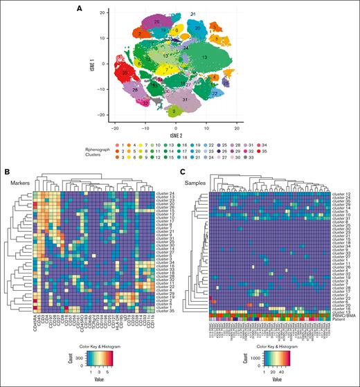 BMMC and PBMC immune cell phenotyping. CyTOF analysis was performed on 17 paired BMMC and PBMC samples using the CyTOF kit. (A) Thirty-five unique clusters were identified with 31 markers using the RphenoGraph clustering algorithm. Results were mapped onto a tSNE plot. (B) Relative expression of all 31 markers used to generate the 35 clusters. (C) Heat maps show the relative mean intensity of expression for each of the 31 markers and clusters. tSNE, t-distributed stochastic neighbor embedding.