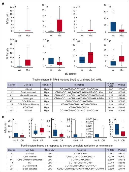 T-cell clusters of significance. (A) p53 status identifies differential frequencies of immune populations derived from either BMMCs or PBMCs. BMMC and PBMC samples were segregated based on p53 genotype. (B) BMMC and PBMC samples were segregated based on response to therapy, CR, or no R. Cluster number is in the upper left of each plot. Eight clusters trended toward significance or were significant (∗P < .05 by t test; ∗∗P < .05 by t test with Bonferroni correction). CR, complete remission; DC, dendritic cells; mut, mutation; NK cell, natural killer cell; no R, no remission; wt, wild type.