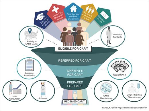 Factors affecting whether patients receive CAR T-cell therapy. Access barriers to CAR T-cell therapy exist at all levels of the referral-to-infusion continuum and social determinants of health affect patient access and outcomes. Access barriers translate into a smaller percentage of referred eligible individuals receiving CAR T-cell therapy, with racial and ethnic minority patients often discordantly hindered relative to NHW patients.