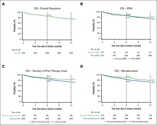 Kaplan–Meier estimates of the proportion of patients with OS over time. OS in the overall population (A) and BTKi (B), number of prior therapy lines (C), and bendamustine (D) subgroups. Vertical dashed lines indicate 6- and 12-month landmarks.