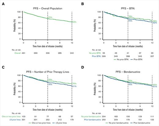 Kaplan–Meier estimates of the proportion of patients with PFS over time. PFS in the overall population (A) and BTKi (B), number of prior therapy lines (C), and bendamustine (D) subgroups. Vertical dashed lines indicate 6- and 12-month landmarks.