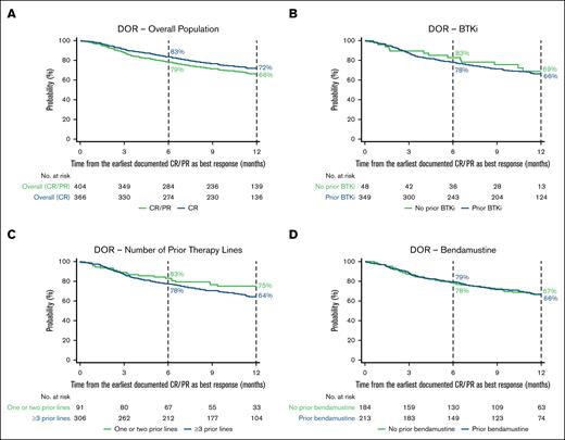 Kaplan–Meier estimates of the proportion of patients with an ongoing response over time. DOR in the overall population (A) and BTKi (B), number of prior therapy lines (C), and bendamustine (D) subgroups. In panel A, CR and CR/PR denote best responses achieved. Vertical dashed lines indicate 6- and 12-month landmarks.