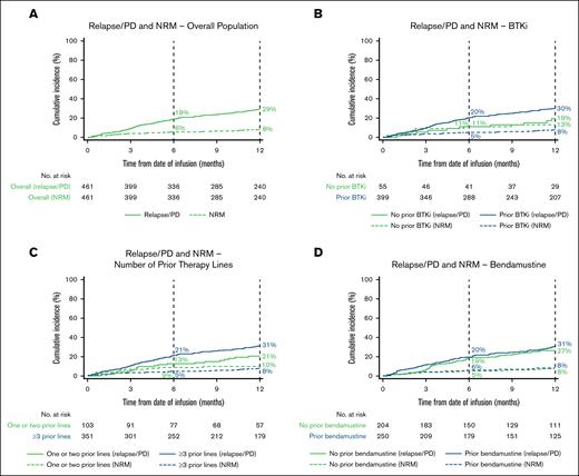 Estimated cumulative incidence of the proportion of patients with relapse/PD and NRM over time. Relapse/PD and NRM in the overall population (A) and BTKi (B), number of prior therapy lines (C), and bendamustine (D) subgroups. Vertical dashed lines indicate 6- and 12-month landmarks.