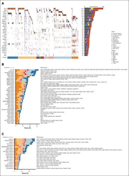 Targetable genetic alterations in mTCL. (A) Oncoprint of the 30 most recurrently altered genes across different subtypes of mature T-cell neoplasms among 1825 patients. (B-C) Results of the MTB-Report tool: drugs with proposed sensitivity (B) or resistance (C) based on genetic alterations of the indicated, affected genes. Shown in panels B-C are suggestions that occurred in at least 5% of the patients. AITL, angioimmunoblastic T-cell lymphoma; ALK– ALCL, anaplastic large cell lymphoma without ALK translocation; ALK+ ALCL, anaplastic large cell lymphoma with ALK translocation; ATLL, adult T-cell leukemia/lymphoma; CTCL, cutaneous T-cell lymphoma; EATL, enteropathy-associated T-cell lymphoma; HS-TCL, hepatosplenic T-cell lymphoma; NKT, NK/T-cell lymphoma; PTCL-NOS, peripheral T-cell lymphoma not otherwise specified.