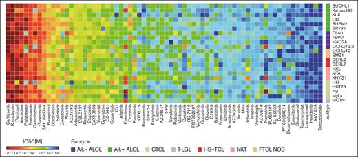 Systematic in vitro drug screening. Fifty percent inhibitory concentration (IC50) values of 72 drug compounds (x-axis) tested across 22 cell lines (y-axis) of 7 T-cell lymphoma subtypes after 72-hour treatment. Illustrated IC50 values are mean values from at least 3 independent experiments. T-LGL, T-cell large granular lymphocytic leukemia.