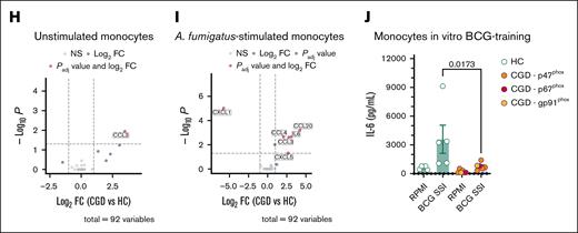 Patients with CGD display a dysregulated hyperinflammatory status. (A) Uniform manifold approximation and projection (UMAP) visualization of scRNA-seq profiles of 50 959 white blood cells from 5 patients with CGD and 5 age- and sex-matched healthy control (HC) colored according to cell type identity. (B) UMAP visualization of cells colored by condition, HC (green) and CGD (purple), downsampled to 3000 cells per donor. (C) Numbers of DEGs identified as upregulated (red) or downregulated (blue) in neutrophils, CD14+ monocytes, and CD16+ monocytes. (D) Gene functional enrichment analysis based on DEGs upregulated or downregulated in neutrophils, CD14+ monocytes, CD16+ monocytes, and neutrophils using HALLMARK gene sets. Illustrated are all significant terms (adjusted P < .05). Dots are colored by directionality of differential expression (red, upregulated DEGs; blue, downregulated DEGs). Dot size depicts the number of DEGs in the respective HALLMARK term. (E) Volcano plot of differential abundance of plasma circulatory proteins in patients with CGD (n = 5) as compared with HC (n = 14). Results are displayed as log2fold change (FC) of CGD compared with HC, plotted against minus log10 of the adjusted P values. Proteins significantly differentially expressed (with adjusted P < .05 after correction for multiple testing) are displayed in red. (F) IL-8 production after 4-hour stimulation in neutrophils from CGD (n = 5) and HC (n = 12) with either medium (RPMI), heat-killed C albicans UC820 (1 × 106 yeast per mL), or PMA (50 ng/mL). (G) IL-6 and IL-1β production after 24-hour stimulation in CGD monocytes (n = 5) and HC (n = 13, except for the stimulations RPMI 10% human pooled serum (HPS) and A fumigatus where n = 4) with either medium (RPMI, with or without 10% HPS) or LPS (10 ng/mL), Pam3Cys (10 μg/mL), heat-killed C albicans UC820 (1 × 106 yeast per mL), live A fumigatus (1 × 106 conidia per mL) in the presence of 10% HPS, S aureus ATCC 29213 (1 × 106 colony-forming units per mL), or palmitic acid (C16:0; 50 μM) in combination with monosodium urate crystals (300 μg/mL). (H-I) Volcano plot of differential protein abundance from 24 hour-unstimulated (H) and A fumigatus–stimulated (I) Peripheral blood mononuclear cells in culture supernatants of CGD and HC monocytes. Results are displayed as log2-FC of CGD (n = 5) compared with HC (n = 14), plotted against minus log10 of the P values. Proteins with significantly differential abundance (with adjusted P < .05 after correction for multiple testing) are displayed in red. (J) IL-6 production after 24-hour LPS (10 ng/mL)-restimulation at day 6 after BCG (5 μg/mL)-training protocol of monocytes from HC (n = 5) and patients with CGD (n = 6). (F-G, J) Data are presented as the means ± standard error of the mean (SEM). In the bar plots, different colors indicate different mutations in patients with CGD as indicated by the panel legends. For the enzyme-linked immunosorbent assay results, statistical analysis was performed using the Mann-Whitney U test between patients and HC; a 2-sided P value < .05 was considered statistically significant. C16, palmitate; MSU, monosodium urate; mDc, myeloid dendritic cells; NK, natural killer; pDC, plasmacytoid dendritic cells; Plt. act., platelet-activated; Pam3Cys, (S)-(2,3-bis(palmitoyloxy)-(2RS)-propyl)-N-palmitoyl-(R)-Cys-(S)-Ser(S)-Lys4-OH, trihydrochloride; TNF, tumor necrosis factor.