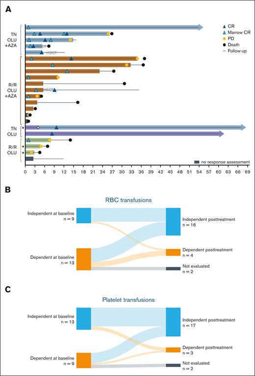 Response duration and transfusion requirements. (A) Per patient response, survival events, and duration are depicted in a swimmer plot. The patients are grouped by disease state and treatment. Reasons for no response assessment are as follows: 1 discontinued drug on day 32 due to physician’s decision to initiate a prohibited medication; 1 developed pneumonia (unrelated to study drug) on day 22, leading to respiratory failure and death; and 1 had an AE on day 45 and discontinued drug and never resumed or underwent any assessments before dropping from the study at 10 months. (B) RBC transfusion requirements at baseline (left) and after baseline (right). Eight of 13 patients (62%) requiring RBC transfusions at study entry achieved 56-day RBC TI; 3 of 13 (23%) remained RBC transfusion dependent; and 2 of 13 (15%) were not evaluated. Maintenance of RBC TI from baseline to postbaseline occurred in 8 of 9 patients (89%). (C) Platelet transfusion requirements at baseline (left) and postbaseline (right). Six of 9 patients (67%) requiring platelet transfusions at baseline achieved 56-day platelet TI; 1 of 9 (11%) remained platelet transfusion dependent; and 2 of 9 (22%) were not evaluated. Maintenance of platelet TI from baseline to postbaseline occurred in 11 of 13 patients (85%). Asterisk (∗) indicates received lower than optimal dose (≤50%) of OLU; ◊ indicates patient was started on suboptimal dose of monotherapy, then added AZA to regimen; HSCT, proceeded to HSCT after remission.