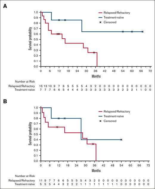 OS in MDS patients by disease state. (A) Overall TN patients vs overall R/R patients. The median OS in patients with TN MDS was NR (95% CI, 7.3 to NR) and represented 2 patients (29%) with an event and 5 (71%) who were censored. The median OS in patients with R/R MDS was 16.3 months (95% CI, 3.1-36.6) and represented 12 (80%) with an event and 3 (20%) who were censored. (B) Combination therapy group TN patients vs combination therapy R/R patients. The median OS in patients with TN MDS who received combination OLU + AZA was 26.9 months (95% CI, 7.3 to NR) and represented 2 (40%) with an event and 3 (60%) who were censored. The median OS in patients with R/R MDS who received combination OLU + AZA was 27.5 months (95% CI, 1.5-36.6) and represented 9 (82%) with an event and 2 (18%) who were censored.