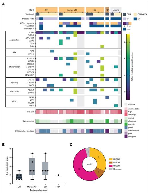 Baseline risk factors and response outcomes. (A) Oncoprint heat map depicting per patient baseline characteristics that may affect outcome, panel of baseline comutations, IPSS-R category, cytogenetics, and cytogenetic risk classification presented by best overall response. (B) Box and whisker plot of number of comutated genes by best overall response. Due to the small patient numbers, there was insufficient power to demonstrate a statistical difference between response categories. P > .05, for all comparisons including CR vs non-CR (ordinary 1-way analysis of variance) and responders vs nonresponders (unpaired t test). (C) IDH1 mutation type, based on local laboratory results. BOR, best overall response.