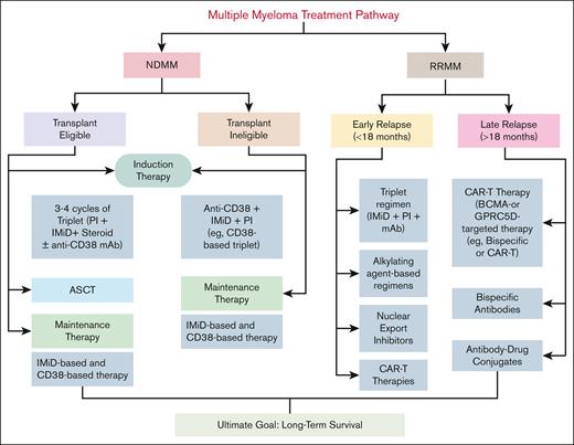 MM treatment pathway. Transplant-eligible patients with NDMM receive 3 to 4 cycles of induction therapy with a triplet regimen (PI + IMiD + steroid) or a quadruplet regimen that includes an anti-CD38 mAb, followed by ASCT and maintenance therapy. Transplant-ineligible patients are treated with CD38-based triplet regimens, combining an anti-CD38 mAb, an IMiD, and a PI, followed by maintenance therapy. The maintenance phase aims to prolong remission and typically includes IMiD-based or CD38-based regimens, selected according to individual risk stratification. R/R MM treatment is divided into early and late relapse. Early relapse is treated with triplet regimens, alkylating agents, nuclear export inhibitors, or CAR-T therapy. Late relapse is managed with BCMA- or GPRC5D-targeted therapies, including CAR T cells, BsAbs, or antibody-drug conjugates. The overall goal is to achieve long-term disease control and extend survival.