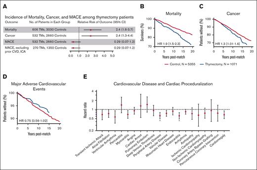 The effect of thymectomy on the risk of mortality, cancer, and MACE. (A) Panel A shows the 5-year relative risk of mortality, cancer, MACE (myocardial infarction, heart failure, and stroke), and MACE excluding patients with a previous history of CVD and ICA, among TMx as compared with control patients. (B-D) Kaplan-Meier curves for rates of mortality (B), cancer (C), and MACE (D) in 1071 TMx and 5355 control patients over 20 years after match. (E) Cox proportional hazard risk ratios of CVD, coronary artery bypass grafting, and percutaneous coronary intervention are illustrated, comparing 1071 TMx with 5355 control patients. HR, hazard ratio; ICA, infection, cancer, or autoimmunity; TMx, patients who had undergone thymectomy.