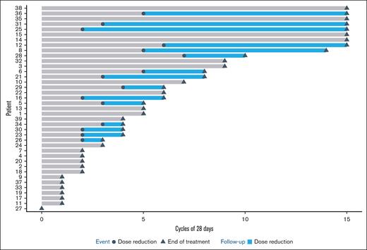 Reduction and discontinuation of treatment among patients receiving IXZ. Swimmer plot.