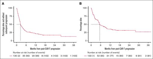 Survival outcomes following post–CAR T-cell therapy POD. (A) PFS. (B) OS.