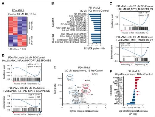 Treatment with TQ depletes mRNA expression and causes negative enrichment of MYC targets, inflammatory response and IL-6–JAK/STAT signaling pathways in post-MPN sAML cells. (A) PD post-MPN (JAK2-V617F) sAML cells (number 6 on the oncoplot) were treated with 20 μM of TQ for 16 hours as biologic replicates. Total RNA was isolated and used for RNA-seq analysis. The heat map shows the number of mRNAs depleted or induced >1.25-fold with a P value <.05. (B) Gene set enrichment analysis of TQ-treated sAML cells compared with HALLMARK and REACTOME pathways. All q-values are <0.1. (C-D) Gene set enrichment plots for HALLMARK_MYC_TARGETS, INFLAMMATORY RESPONSE, and IL-6_JAK_STAT3_SIGNALING. (E) Volcano plot of log2 fold-change vs –log10P value for all mRNA with >1.25-fold change up or down and a P value <.05. (F) Log2 fold-change (P < .05) for TLR4 signaling genes in the RNA-seq analysis from the PD sAML cells (biologic replicates) treated with 20 μM of TQ for 16 hours. FDR, false discovery rate; NES, normalized enrichment score.