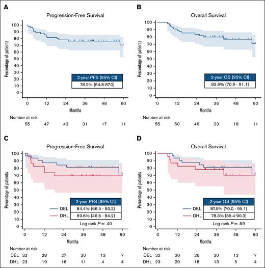 PFS and OS in the intent-to-treat population. (A) PFS for all patients. (B) OS for all patients. (C) PFS for patients with DEL vs patients with DHL. (D) OS for patients with DEL vs patients with DHL.