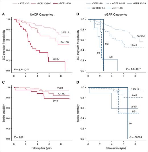 Progressively worse UACR and eGFR categories were associated with CKD progression and survival. CKD progression, defined by a 40% decline in eGFR or development of ESKD, was associated with (A) worsening UACR and (B) eGFR categories based on 2 consecutive measures ≥3 months apart. Overall survival was also associated with (C) worsening UACR and (D) eGFR categories (log-rank P values are provided).