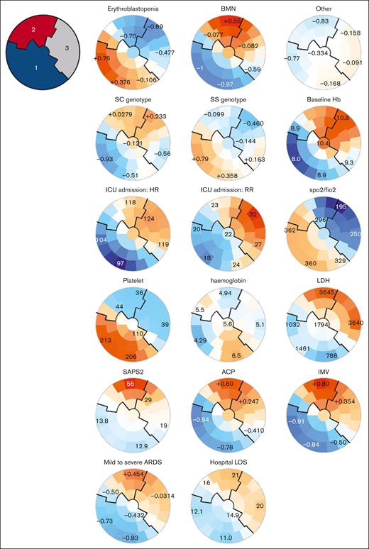 SOMs of unsupervised analysis of the clinical and biological characteristics of 61 patients with SCD and acute parvovirus B19 infection. Unsupervised analysis of the clinical and biological characteristics of the 61 patients with SCD and parvovirus B19 infection. Patients with similar characteristics are located by the SOM algorithm closely on the maps, within one of the small groupings (“districts”). Each individual map shows the mean values or proportions per district for each characteristic: blue indicates the lowest average values, red the highest, with numbers shown for a selection of representative districts in each SOM. For instance, patients with erythroblastopenia were more frequently located in the lower left districts and had SS genotype, lower baseline hemoglobin, higher platelet counts, and less requirement for vasopressors and mechanical ventilation. 1, cluster 1; 2, cluster 2; 3, cluster 3; ACP, acute cor pulmonale; ARDS, acute respiratory distress syndrome; FiO2, fraction of inspired O2; Hb, hemoglobin; HR, heart rate; IMV, invasive mechanical ventilation; LOS, length of stay; RR, respiratory rate; SpO2, oxygen peripheral saturation.