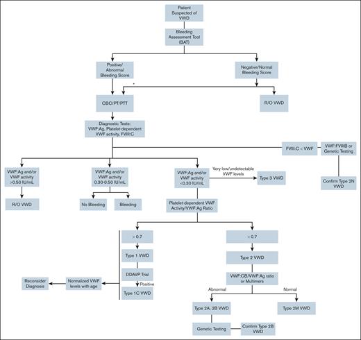 The current recommended diagnostic algorithm for VWD. Platelet-dependent VWF activity, VWF:GPIbM (GPIb binding assay for VWF using recombinant mutated GPIb, no ristocetin) or VWF:GPIbR (GPIb binding assay for VWF using recombinant GPIb and ristocetin). ∗Intermediate/high probability of VWD (ie, family history), adult males and children referred to a hematologist. CBC, complete blood count; DDAVP, desmopressin (1-deamino-8-D-arginine vasopressin); PT, prothrombin time; PTT, partial thromboplastin time; R/O, rule out. Adapted from James et al.30