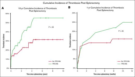 Cumulative incidence of thrombosis following splenectomy in patients with ITP, stratified by TPO-RA use. (A) The 10-year cumulative incidence of thrombosis after splenectomy, which was numerically higher among patients who received postsplenectomy TPO-RAs (57%) than those who did not (33%; P = .06). The divergence between groups emerged early, primarily within the first year. (B) The 1-year cumulative incidence of thrombosis after splenectomy, again showing a numerically higher incidence in the TPO-RA group (25% vs 15%; P = .35). Although neither comparison reached statistical significance, likely because of sample size and censoring imbalance, the data suggest a potential trend toward increased thrombotic risk with TPO-RA use in the early postsplenectomy period.