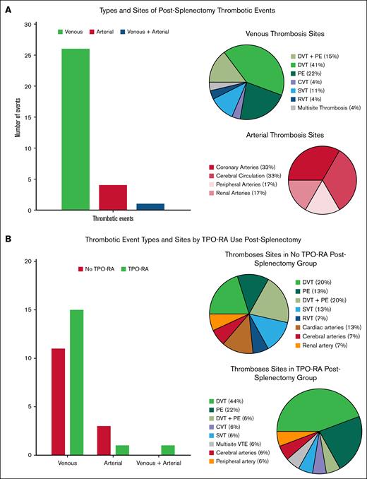 Types and anatomical sites of postsplenectomy thrombotic events among patients with ITP. (A) The bar chart displays the distribution of thrombotic event types among all patients (N = 88) after splenectomy, with venous thrombosis accounting for most events, followed by arterial and combined arterial and venous events. The pie charts detail the anatomical sites involved: DVT and PE were most common among venous events, whereas coronary and cerebral arteries were the leading arterial sites. (B) Thrombotic events are stratified by postsplenectomy TPO-RA use. Venous events remained dominant in both groups; however, combined events occurred exclusively among patients who received TPO-RAs. The corresponding pie charts outline the anatomical distribution for each group. In the TPO-RA group, DVT and PE remained the most frequent, whereas the non–TPO-RA group exhibited a broader distribution of both venous and arterial sites, including cardiac and renal arteries. The multisite VTE observed in the TPO-RA group involved lower-limb DVT, PE, and SVT affecting the portal and mesenteric veins. Isolated splenic vein thrombosis events were not counted as thrombotic events because they are considered postsplenectomy findings and not clinically relevant unless extension beyond the splenic vein occurs. CVT, cerebral venous thrombosis; DVT, deep vein thrombosis; PE, pulmonary embolism; RVT, renal vein thrombosis; SVT, splanchnic vein thrombosis; VTE, venous thromboembolism.