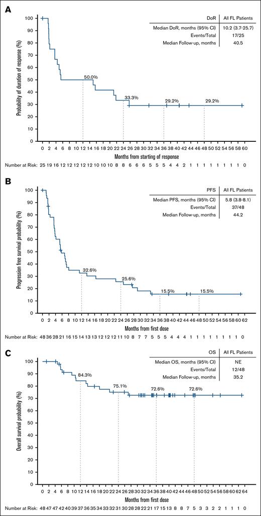 DoR, PFS, and OS among patients with R/R FL. Kaplan-Meier curves describing the investigator-assessed DoR (A) and PFS (B) per Lugano 2014 criteria, and OS (C) of all patients with R/R FL enrolled in the BRUIN study. Patients who were alive and without documented progressive disease (DoR, PFS) as of the data analysis cutoff date were censored. Patients who were alive or lost to follow-up (OS) as of the data analysis cutoff date were censored. Data cutoff of 27 January 2025. NE, not estimable.