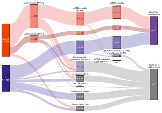 Sankey plot of patient disposition. For most patients, exclusion from MRD analyses was due to a lack of opportunity for week 12 response assessment. Patients from China were also excluded. Some patients with FL did not have a germ line sample collected and could not be analyzed. A minority of patients who were eligible did not have a week 1 sample collected, and 3 patients failed analysis (all due to low cfDNA input).