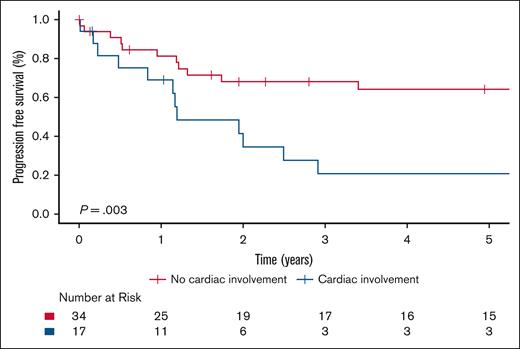 Kaplan-Meier survival curves illustrating PFS in patients with ECD-C and patients with ECD-noC who received conventional therapy.