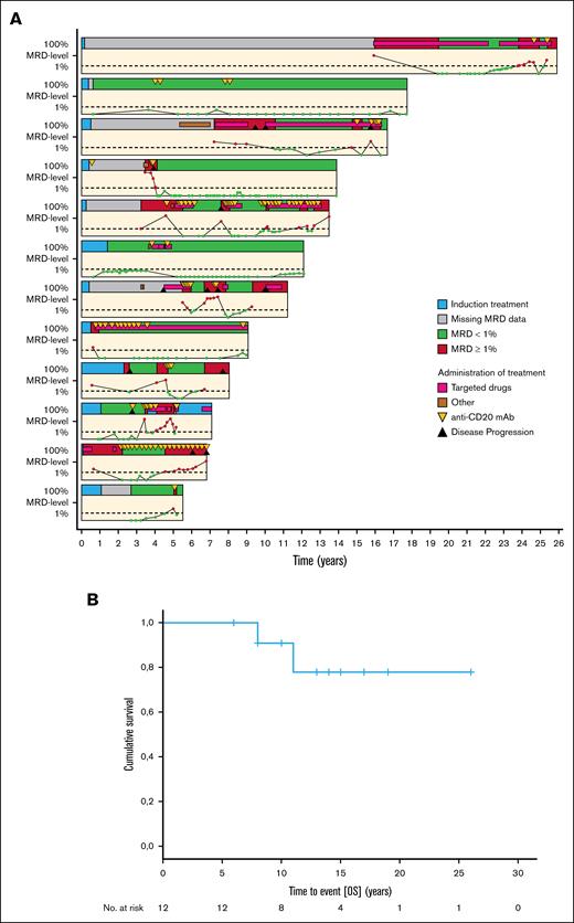 MRD kinetics and survival. (A) Swimmer plot representing the different therapies and MRD levels (<1% and ≥1% CLL cells of all leukocytes) over time for 12 patients with high-risk CLL. (B) Kaplan-Meier curve depicting the OS of the 12 observed patients, with median OS time not reached. mAb, monoclonal antibody; OS, overall survival.