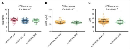Functional impact of FASrs1926194 SNP. Association of the FASrs1926194 SNP with circulating concentrations of TRAIL, CCL20, and CD40. CCL20, chemokine ligand 20.