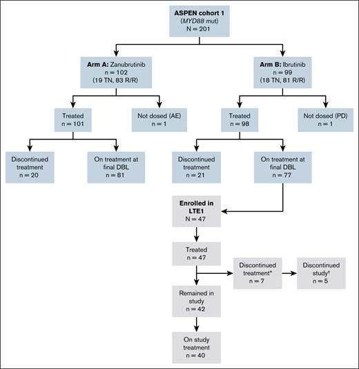 CONSORT diagram of the ASPEN and LTE1 studies. ∗Reasons for treatment discontinuation (n = 5 left the study, n = 2 remained in the study): other (n = 3); AEs (n = 2); PD (n = 1); and withdrawal (n = 1). †Reasons for study discontinuation (n = 5): death (n = 3); lost to follow-up (n = 1); and withdrawal (n = 1). DBL, database lock; mut, mutated; R/R, relapsed/refractory; TN, treatment naive.
