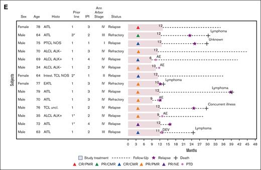 Outcome. (A) Kaplan-Meier estimates of duration of response of patients achieving either CR or PR after 4 cycles of GBV induction. (B-D) Kaplan-Meier estimates of (B) time to treatment failure, (C) PFS, and (D) OS for the entire cohort. (E) Course of patients with confirmed PTCL and at least 12 months without progression from inclusion. CL, confidence limit; CMR, complete metabolic response; DEV, study deviation; Histo, histology; uncl., unclassified; NA, not applicable; NE, nonevaluable; PMR, partial metabolic response; PTD, primary treatment discontinuation, not related to disease progression. ∗Previous autologous transplantation.