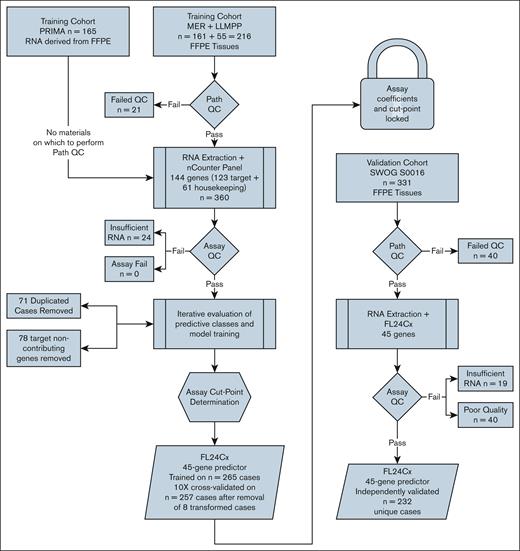 Schematic diagram of study. The 144-gene nCounter panel was processed on 360 samples: 195 from FFPE tissues qualified by on-site expert hematopathologist review, and 165 from previously extracted RNA with accompanying pathology data, after which 24 samples were removed for inadequate RNA. After iterative modeling, during which 71 duplicate samples were identified and excluded and 78 genes were eliminated, the locked 45-gene predictor was independently validated on 232 unique samples that passed quality control metrics. LLMPP, Lymphoma/Leukemia Molecular Profiling Project; MER, Molecular Epidemiological Resource; QC, quality control.