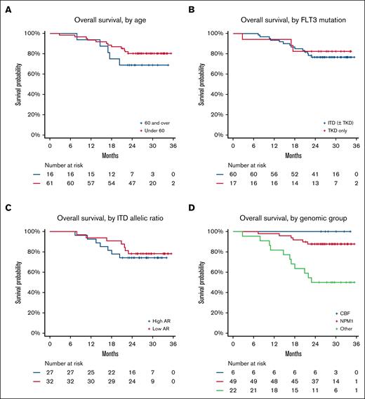Exploratory analyses of OS in clinical and molecular subgroups. (A) According to age (>60 years or <60 years). (B) According to FLT3 mutation type. (C) According to AR for patients with FLT3-ITD mutation. (D) According to genomic subgroup (CBF AML, NPM1mut AML, and others). TKD, tyrosine kinase domain.