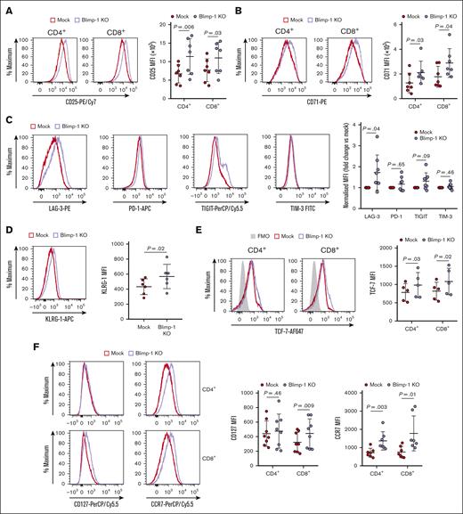 Antigen-experienced Blimp-1 KO CAR T cells display an effector-memory phenotype. (A-F) Repeatedly challenged Mock and Blimp-1 KO CAR T cells were subject to phenotyping by flow cytometry to evaluate cell surface expression of CD25 (A), CD71 (B), LAG-3, PD-1, TIGIT and TIM-3 (C), KLRG-1 (D), and CD127 (IL-7Rα) and CCR7 (F), or intracellular expression of TCF-7 (E), in CAR+ Mock and Blimp-1 KO CAR T cells. Shown are CD4+ and CD8+ cells, except for the panels C-D where only CD8+ cells are displayed. Representative histograms (left). MFI quantification (right). FMO control in panel E shows Mock cells stained with all antibodies except TCF-7. Graphs show means ± SD.