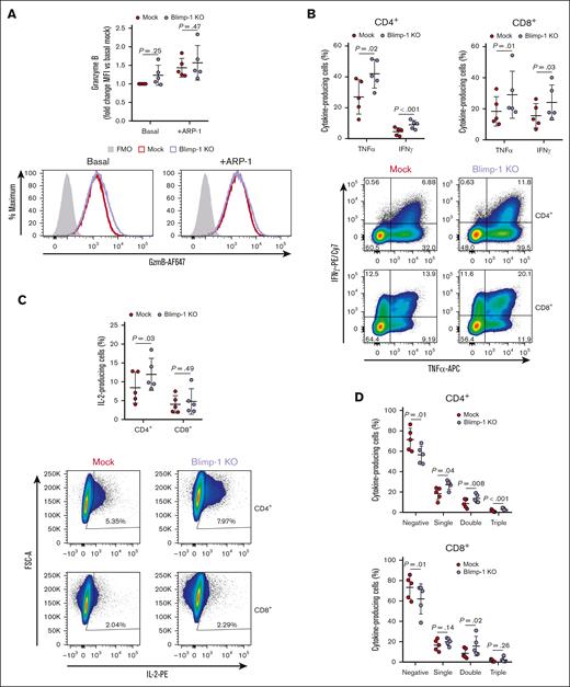 Effector function of tumor-exposed Blimp-1 KO CAR T cells is superior to Mock CAR T cells. (A-D) Mock and Blimp-1 KO CAR T cells subject to repeated challenges with ARP-1 cells were cocultured with ARP-1 cells for another 6 hours and production of granzyme B (A) and cytokines (B-D) in CAR+ cells was assessed by flow cytometry. (A) Granzyme B expression in CD8+ cells, evaluated without (basal) and with (+ARP-1) ARP-1 cell stimulation. Representative histograms (left). Summary data showing fold change of MFI compared with basal Mock (right). FMO control represents Mock cells stained with all antibodies except granzyme B. (B-C) Production of TNF-α and IFN-γ (B) and IL-2 (C) in CD4+ and CD8+ cells. Summary data (top). Representative FACS plots, with numbers showing the percentage of cells in that quadrant (bottom). (D) Proportion of cells producing none (negative), 1 (single), 2 (double), or all 3 (triple) of the analyzed cytokines. Graphs show means ± SD.