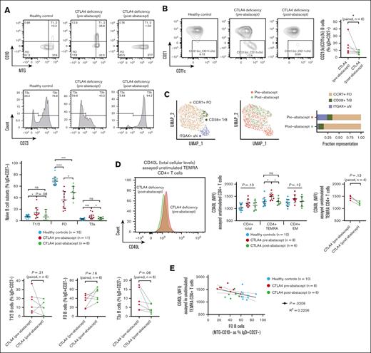 Treatment with abatacept (CTLA4 immunoglobulin) restores FO B-cell maturation coincident with decreased CD40L levels on effector T cells in CTLA4 deficiency. (A-B) Flow cytometric analysis of peripheral blood B-cell populations in patients with CTLA4 deficiency before (n = 11) and after abatacept (n = 8) therapy (6 patients captured at paired intervals before/after abatacept therapy) and healthy controls (n = 16). Representative contour plots and histograms from a healthy control (left) and the same patient with CTLA4 deficiency (middle and right) before/after abatacept therapy (homozygous CTLA4 3′ UTR mutation carrier in panel A, and heterozygous CTLA4 c.410C>T, p.P137L mutation carrier in panel B) shown at 10% and 5% of events, respectively. Quantitation of B-cell subset frequency as percent IgD+CD27− B cells in the peripheral blood. Symbols represent unique individuals; bars represent means (± SD) of all data; dotted lines represent paired pretreatment to posttreatment time points. ∗P < .05; ∗∗P < .01; ∗∗∗P < .001; ∗∗∗∗P < .0001, or as listed by analysis of variance (ANOVA) for multiple comparisons or by Wilcoxon matched-pairs signed-rank test, as indicated. (C) scRNA-seq of total IgD+CD27− B cells (from heterozygous CTLA4 c.410C>T, p.P137L mutation carrier) before and after abatacept therapy. UMAP projection of cells is shown by cell type clustering and state of abatacept treatment. Fraction representation of each clustered scRNA-seq cell type. (D) Flow cytometric analysis of peripheral blood T-cell populations in patients with CTLA4 deficiency before (n = 8) and after abatacept (n = 6) therapy (4 patients captured at paired intervals before/after abatacept therapy) and healthy controls (n = 10). Representative overlaid histograms from the same patient with CTLA4 deficiency before/after abatacept therapy (heterozygous CTLA4 c.173G>C p.C58S mutation carrier). Quantitation of total cellular CD40L by intracellular staining in CD4+ T-cell subsets. Symbols represent unique individuals; bars represent means (± SD) of all data; dotted lines represent paired before to after treated unique patients. ∗P < .05 or as listed by ANOVA for multiple comparisons or by Wilcoxon matched-pairs signed-rank test, as indicated. (E) Correlation between FO B-cell frequency as percent IgD+CD27− B cells in the peripheral blood (data from panel A; x-axis) and total cellular CD40L levels as MFI in TEMRA CD4+ T cells (data from panel D; y-axis). Data are from untreated patients with CTLA4 deficiency, treated patients with CTLA4 deficiency, and healthy controls, as indicated. Simple linear regression with correlation coefficient (R2), P value, and 95% CI shown. ns, not significant.