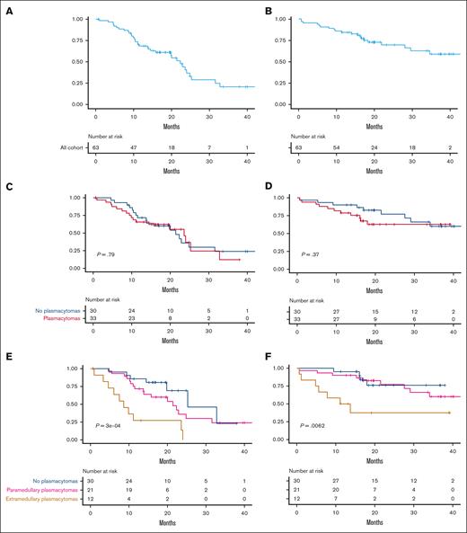 Survival curves after ARI0002h infusion. (A-B) PFS and OS of the cohort. (C-D) PFS and OS based on the absence (blue, n = 30) or presence (red, n = 33) of EMD disease. (E-F) PFS and OS based on the absence (blue, n = 30) or presence of PS (pink, n = 21) or EMD (brown, n = 12) plasmacytomas at inclusion.