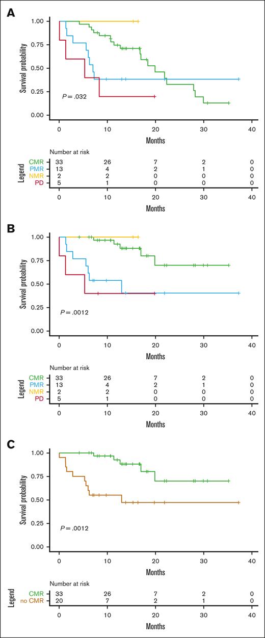 Outcomes according to PET/CT response. PET/CT response at day 100 was predictive of PFS (A) and OS (B). Reaching CMR at PET/CT D100 vs the rest of responses (PMR, NRM, and PD) was associated with a longer survival (C).