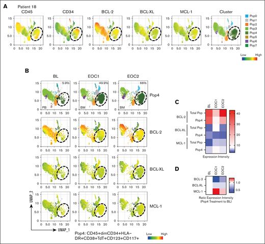 High-dimensional CyTOF analysis of serial bone marrow samples in nonresponder patient 18. (A) Uniform manifold approximation and projection plots display the expression of CD45, CD34, BCL-2, BCL-XL, MCL-1, and clustering. (B) The percentages of persistent blast subpopulation (Pop4) and the expression of BCL-2, BCL-XL, and MCL-1 at the indicated time points. (C) Heat map displays the expression level of BCL-2, BCL-XL, and MCL-1 in Pop4 and in total population (Total Pop). (D) Expression ratio of EOC1 and EOC2 to baseline (BL) in Pop4.