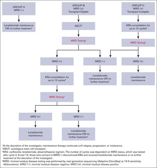 Post-induction MRD-driven treatment algorithm. Patients were divided into 3 separate groups: group A (MRD negative) received lenalidomide maintenance or no further treatment at the discretion of the investigator; group B (MRD positive, ASCT eligible) underwent ASCT; and group C (MRD positive, ASCT ineligible) received KRd consolidation for up to 12 cycles. Patients in group B could receive up to 12 cycles of KRd consolidation therapy if they remained MRD positive after ASCT. Conversion to MRD-negative status at any protocol specified time point allowed patients to receive lenalidomide maintenance or no further treatment at the investigator’s discretion.