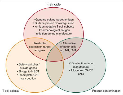 Summary of potential strategies for overcoming fratricide, T-cell aplasia, and product contamination. G-D, gamma-delta.