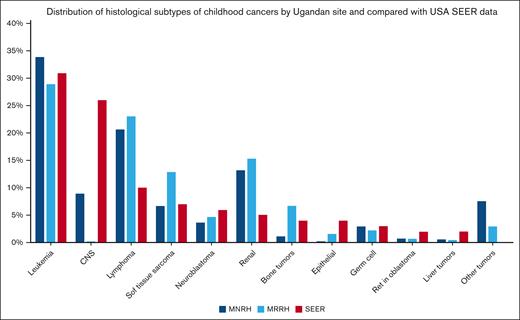 Contribution of leukemia and lymphoma to childhood cancers at 2 hospitals in Uganda, compared with data from the SEER program of the US National Cancer Institute. CNS, central nervous system; MNRH, Mulago National Referral Hospital; MRRH, Mbarara Regional Referral Hospital; SEER, Surveillance, Epidemiology, and End Results.