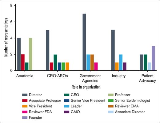 Depiction of the leadership roles each focus group participant holds within their respective organization. CEO, chief executive officer; CMO, chief marketing officer; EMA, European Medicines Agency.