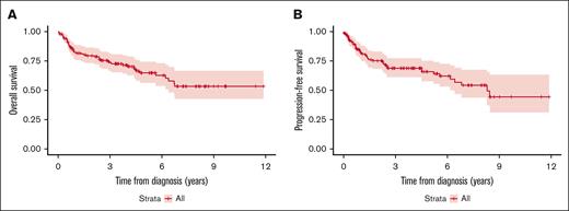 Survival outcomes in the entire cohort. (A) OS and (B) PFS.