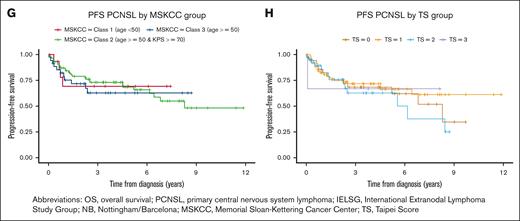 Kaplan-Meier analysis of OS using published prognostic indices. (A) IELSG, (B) NB, (C) MSKCC, (D) TS. Kaplan-Meier analysis of PFS using published prognostic indices. (E) IELSG, (F) NB, (G) MSKCC, (H) TS.