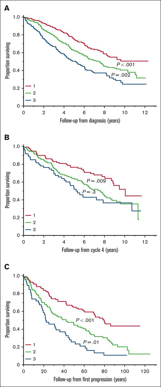 Prognostic impact of total HPRSS score at different time points. (A) Median OS in groups 1, 2, and 3 at the time of diagnosis. (B) Median OS in groups 1, 2, and 3 after 4 cycles of induction treatment. (C) Median OS in groups 1, 2, and 3 at the time of first disease progression.